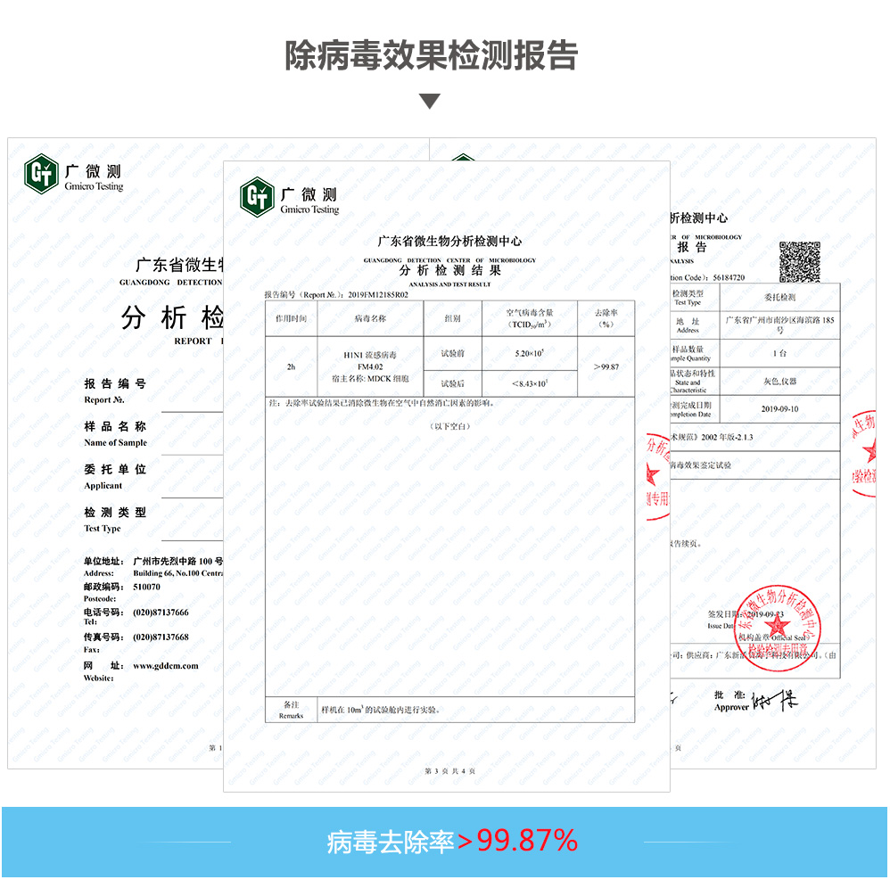 小粒径负离子对0.3以下颗粒物的去除率及杀毒率均高达99.87%